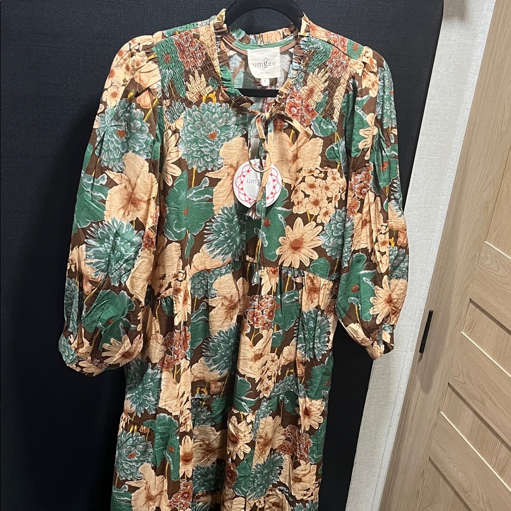 Umgee Floral Maxi Dress in Green and Tan